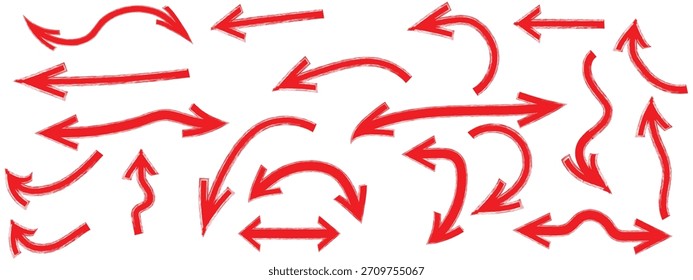 Various red brush drawn curved arrows. Collection doodle marker thick arrows in different directions. Grunge rough direction shape for design. Vector brush strokes,Red pencil arrow doodles