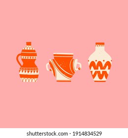 Varios vasos de cerámica roja. Formas diferentes. Antiguas, antiguas cerámicas. Concepto de cerámica. Varias texturas. Juego de vectores dibujado a mano. Ilustración de moda. Todos los elementos están aislados. Fondo rosa