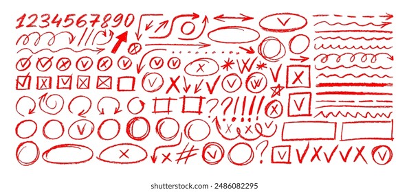 Various red crayon drawn elements for hand drawn notes, diagrams and journal. Underline and emphasis pencil elements, check marks, numbers and arrows. Vector charcoal punctuation marks.