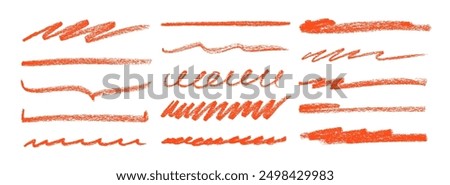 Various red crayon drawn lines, underlines and curved strokes. Doodle grungy smears and rough crayon strokes for hand drawn notes and journaling. Straight thin lines, spirals, pencil waves.