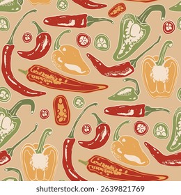 Various red, green hot chili Peppers. Whole, sliced, cut. Top, side view. Different types. Hand drawn modern Vector illustration. Farm market, natural eco product concept. Seamless pattern, background