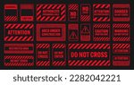 Various red grunge warning signs with diagonal lines. Old attention, danger or caution sign, construction site signage. Realistic notice signboard, warning banner, road shield. Vector illustration