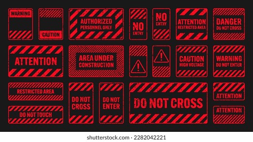 Various red grunge warning signs with diagonal lines. Old attention, danger or caution sign, construction site signage. Realistic notice signboard, warning banner, road shield. Vector illustration