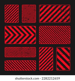 Various red grunge warning signs with diagonal lines. Old attention, danger or caution sign, construction site signage. Realistic notice signboard, warning banner, road shield. Vector illustration