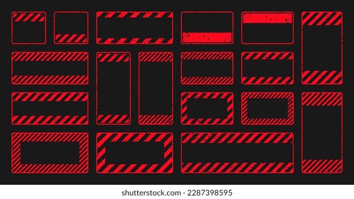 Varias señales de advertencia de grunge rojo con líneas diagonales. Atención antigua, señal de peligro o precaución, señalización del sitio de construcción. Cartel de aviso realista, pancarta de advertencia, blindaje de carreteras. Ilustración del vector