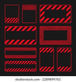 Various red grunge warning signs with diagonal lines. Old attention, danger or caution sign, construction site signage. Realistic notice signboard, warning banner, road shield. Vector illustration