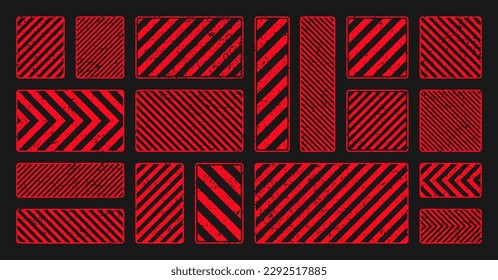 Various red grunge warning signs with diagonal lines. Old attention, danger or caution sign, construction site signage. Realistic notice signboard, warning banner, road shield. Vector illustration