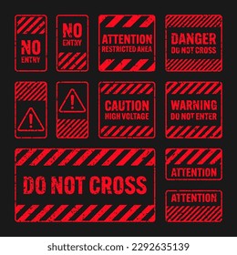 Various red grunge warning signs with diagonal lines. Old attention, danger or caution sign, construction site signage. Realistic notice signboard, warning banner, road shield. Vector illustration