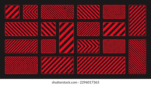 Various red grunge warning signs with diagonal lines. Old attention, danger or caution sign, construction site signage. Realistic notice signboard, warning banner, road shield. Vector illustration