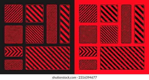 Various red grunge warning signs with diagonal lines. Old attention, danger or caution sign, construction site signage. Realistic notice signboard, warning banner, road shield. Vector illustration