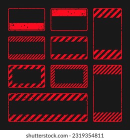 Various red grunge warning signs with diagonal lines. Old attention, danger or caution sign, construction site signage. Realistic notice signboard, warning banner, road shield. Vector illustration