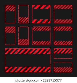 Various red grunge warning signs with diagonal lines. Old attention, danger or caution sign, construction site signage. Realistic notice signboard, warning banner, road shield. Vector illustration