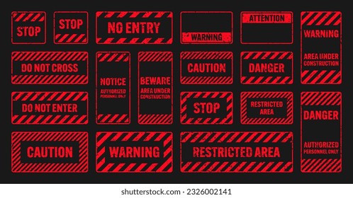 Various red grunge warning signs with diagonal lines. Old attention, danger or caution sign, construction site signage. Realistic notice signboard, warning banner, road shield. Vector illustration