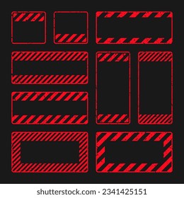 Various red grunge warning signs with diagonal lines. Old attention, danger or caution sign, construction site signage. Realistic notice signboard, warning banner, road shield. Vector illustration