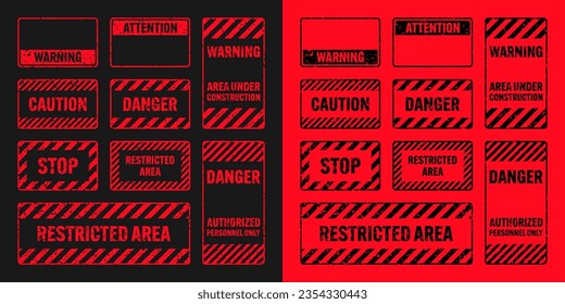 Various red grunge warning signs with diagonal lines. Old attention, danger or caution sign, construction site signage. Realistic notice signboard, warning banner, road shield. Vector illustration.