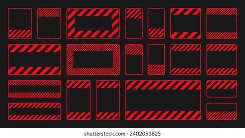 Various red grunge warning signs with diagonal lines. Old attention, danger or caution sign, construction site signage. Realistic notice signboard, warning banner, road shield. Vector illustration