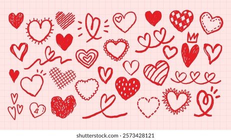 Various red hand-drawn hearts on a grid background. Doodles include different heart shapes, patterns, and designs. Playful and creative heart illustrations. Cute hand drawn Valentine's Day vector set.