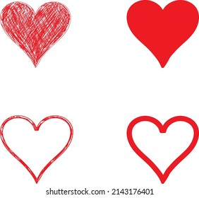 Various red heart doodles on a pink background. Hearts are drawn in different styles, showcasing creativity and love. Heart designs vary in size and shape. Cute hand drawn Valentine's Day vector set.