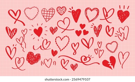 Various red heart doodles on a pink background. Hearts are drawn in different styles, showcasing creativity and love. Heart designs vary in size and shape. Cute hand drawn Valentine's Day vector set.