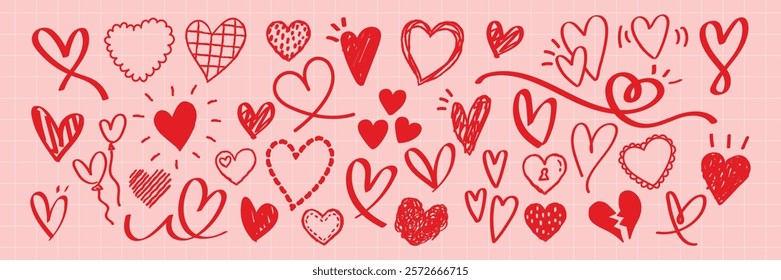 Various red heart doodles on a pink background. Heart shapes, heart patterns, and heart designs create a playful, romantic vibe. Love and hearts everywhere. Cute hand drawn Valentine's Day vector set.