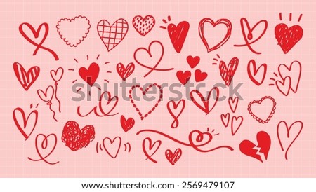 Various red heart doodles on a pink background. Hearts are drawn in different styles, showcasing creativity and love. Heart designs vary in size and shape. Cute hand drawn Valentine's Day vector set.