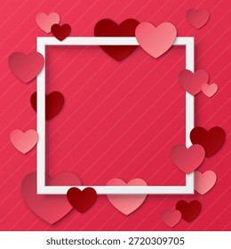 Vários corações vermelhos e cor-de-rosa ao redor do papel de moldura quadrada branco cortam estilo na ilustração gráfica de fundo rosa. Feliz Dia dos Namorados cartão de cumprimentos modelo quadrado.