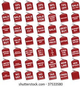 Various red retail pricing sale and offer tags