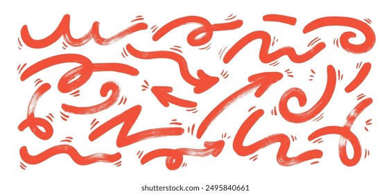 Verschiedene rot skizzenhafte doodle schrullige Pfeile und Betonung dicken Linien. Freihand kicherte dicke Linien und Pfeile mit Bewegungselementen. Vektorfarben-Illustration von Doodle-Zeigern und Richtungsmarkierungen.