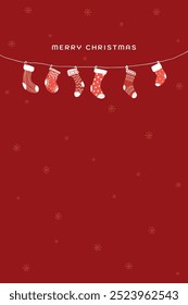 Varios calcetines rojos colgando dibujado a mano estilo infantil sobre fondo rojo ilustración gráfica. Plantilla de la Vertical de la tarjeta de felicitación de las Navidades felices.