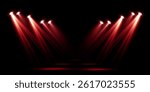 Various red spotlight beams isolated on black background. Set of bright red stage beams. Vector illustration