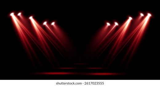 Various red spotlight beams isolated on black background. Set of bright red stage beams. Vector illustration