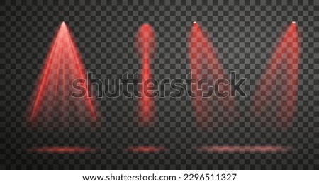 Various red spotlight beams isolated on transparent background. Pack of bright soft stage rays. Vector illustration
