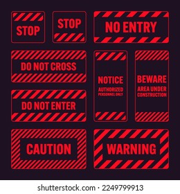 Various red warning signs with diagonal lines. Attention, danger or caution sign, construction site signage. Realistic notice signboard, warning banner, road shield. Vector illustration