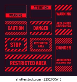 Various red warning signs with diagonal lines. Attention, danger or caution sign, construction site signage. Realistic notice signboard, warning banner, road shield. Vector illustration