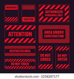 Various red warning signs with diagonal lines. Attention, danger or caution sign, construction site signage. Realistic notice signboard, warning banner, road shield. Vector illustration