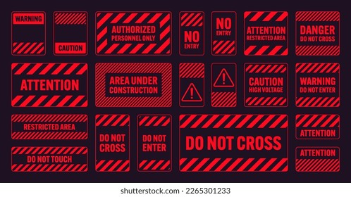 Various red warning signs with diagonal lines. Attention, danger or caution sign, construction site signage. Realistic notice signboard, warning banner, road shield. Vector illustration