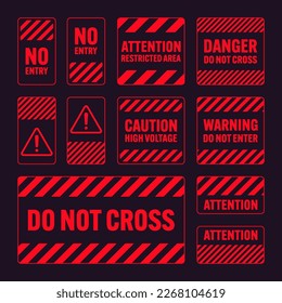 Various red warning signs with diagonal lines. Attention, danger or caution sign, construction site signage. Realistic notice signboard, warning banner, road shield. Vector illustration