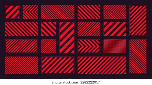 Various red warning signs with diagonal lines. Attention, danger or caution sign, construction site signage. Realistic notice signboard, warning banner, road shield. Vector illustration