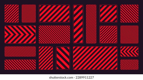 Various red warning signs with diagonal lines. Attention, danger or caution sign, construction site signage. Realistic notice signboard, warning banner, road shield. Vector illustration