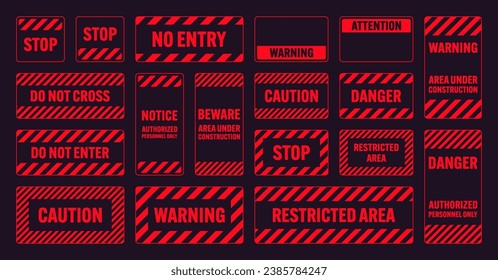 Verschiedene rote Warnzeichen mit diagonalen Linien. Achtung, Risiko- oder Vorsichtszeichen, Baustellensignatur. Realistische Hinweisschilder, Warnbanner, Straßenschild. Vektorgrafik