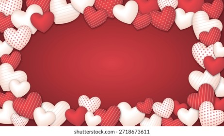 Verschiedene rote und weiße Herzrahmen auf rotem Hintergrund grafische Illustration. Happy Valentine's Day Grußkarte horizontale Vorlage.
