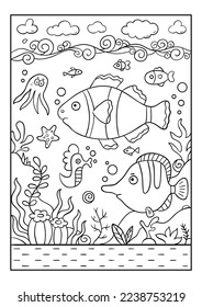 Various reef fish and octopuses swim underwater in the sea. Clownfish. They swim near coral reefs. Black and white vector illustration for coloring book.