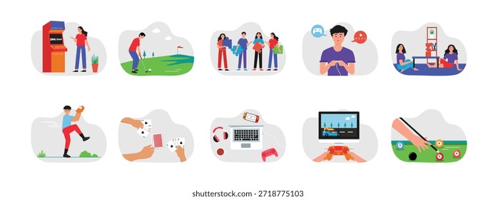 Diversas actividades de juego refrescantes, felices en la juventud. Diseño de personajes. Ilustración plana de Vector