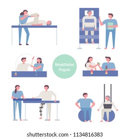 various rehabilitation program flat design style vector graphic illustration set