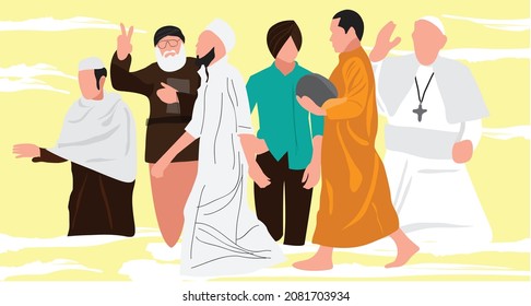 Various Religious People All Together From All Around World, Unity Concept Vector Illustration Of Human Religion.