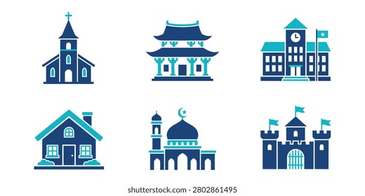 Various religious and secular buildings in a vector illustration including a church, mosque, temple, school, house and castle in blue and teal colors on a white background.