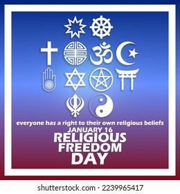 Various religious symbols with bold text and sentences in frames on gradient background to commemorate Religious Freedom Day on January 16