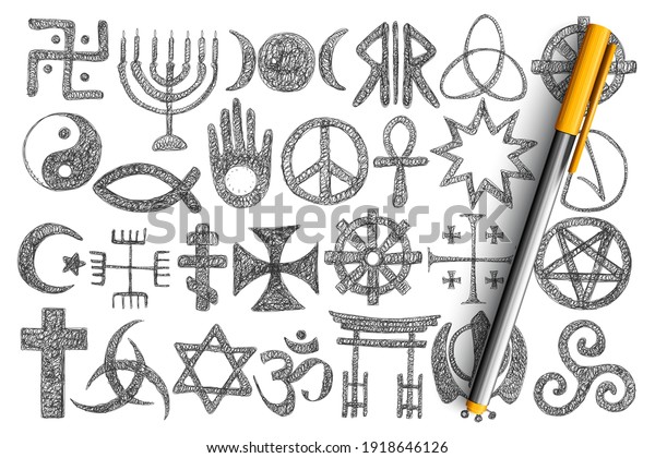 Various religious symbols doodle set. Collection of\
hand drawn cross, harmony and devil signs, stars, buddhism and\
muslim symbols isolated on transparent background. Illustration of\
holy signs