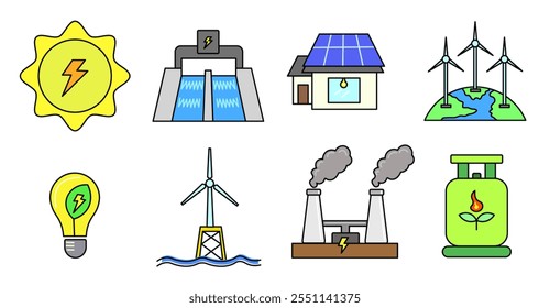 various renewable energy icons, hydroelectric power plants, houses with solar panels, wind turbines, steam power plants, and biogas. relevant about environmentally friendly and sustainable energy.