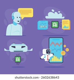 Various representations of artificial intelligence, showcasing friendly robot engaging with data and analytics. Cloud computing, machine learning, and financial insights
